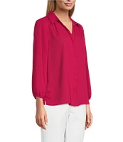 Investments Woven Point Collar 3/4 Sleeve Button Front Top