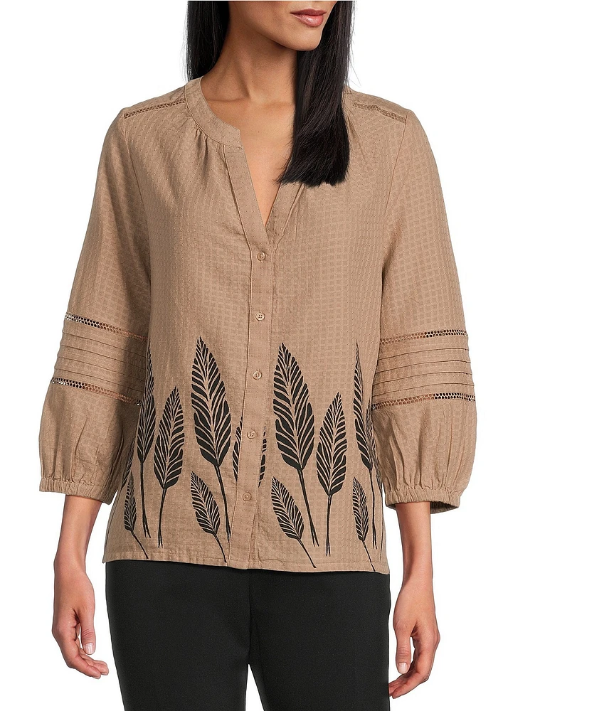 Investments Woven Portabella Leaf 3/4 Sleeve Y-Neck Button Front Top