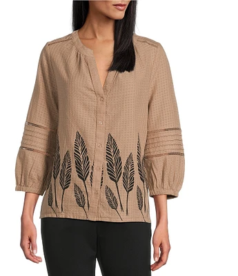 Investments Woven Portabella Leaf 3/4 Sleeve Y-Neck Button Front Top
