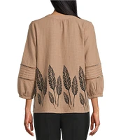 Investments Woven Portabella Leaf 3/4 Sleeve Y-Neck Button Front Top