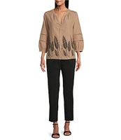 Investments Woven Portabella Leaf 3/4 Sleeve Y-Neck Button Front Top