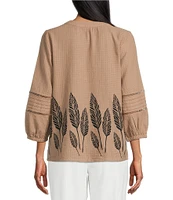 Investments Woven Portabella Leaf 3/4 Sleeve Y-Neck Button Front Top
