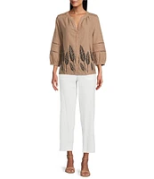 Investments Woven Portabella Leaf 3/4 Sleeve Y-Neck Button Front Top
