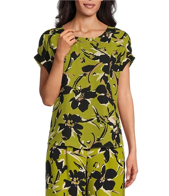 Investments Woven Floral Print Short Cuff Sleeve Novelty Top