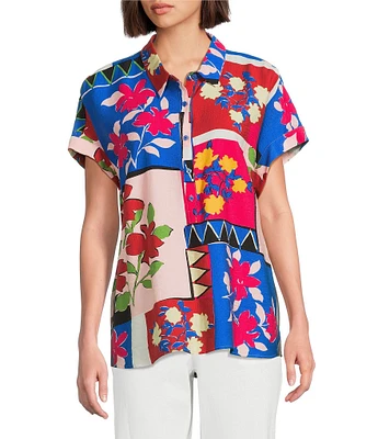 Investments Woven Stamp Patch Short Sleeve Point Collar Partial Button Front Top
