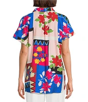 Investments Woven Stamp Patch Short Sleeve Point Collar Partial Button Front Top