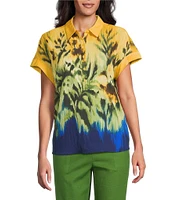 Investments Woven Tropical Floral Short Sleeve Point Collar Partial Button Front Top
