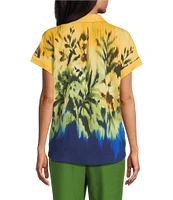 Investments Woven Tropical Floral Short Sleeve Point Collar Partial Button Front Top