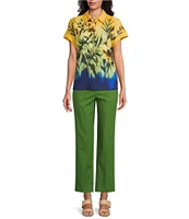 Investments Woven Tropical Floral Short Sleeve Point Collar Partial Button Front Top