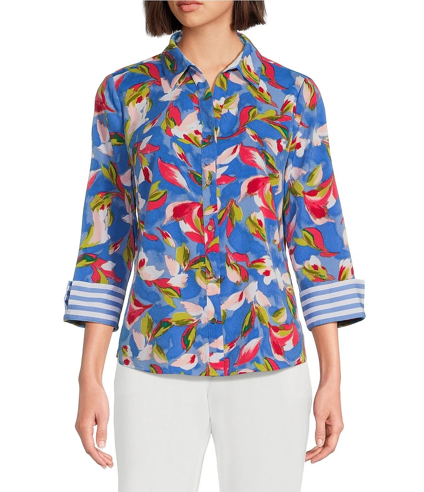 Investments Woven Whimsy Floral Stripe 3/4 Sleeve Point Collar Button Front Split Cuff Top