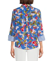 Investments Woven Whimsy Floral Stripe 3/4 Sleeve Point Collar Button Front Split Cuff Top