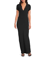 IRO Kamelia Ribbed Polo Knit Deep V-Neck Short Sleeve Maxi Dress
