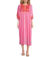 J.Marie Carlie Split V-Neck 3/4 Sleeve Embroidered Caftan Midi Dress