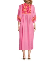 J.Marie Carlie Split V-Neck 3/4 Sleeve Embroidered Caftan Midi Dress