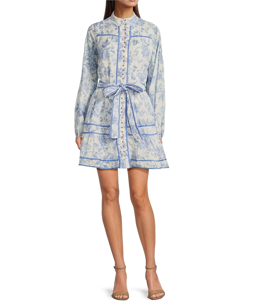 J.Marie Chloe Mock Neck Long Sleeve Tie Ruffle A-Line Dress