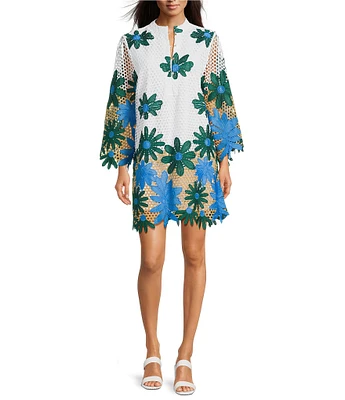 J.Marie Coleen Lace High Neck 3/4 Sleeve Mini Shift Dress