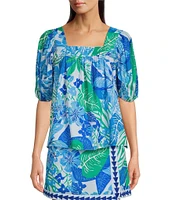 J.Marie Coordinating Andie Floral Print Square Neck Puff Sleeve Top