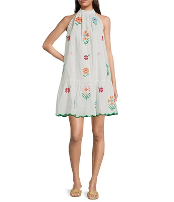 J.Marie Eloise Halter Neck Sleeveless Embroidered Mini Shift Dress