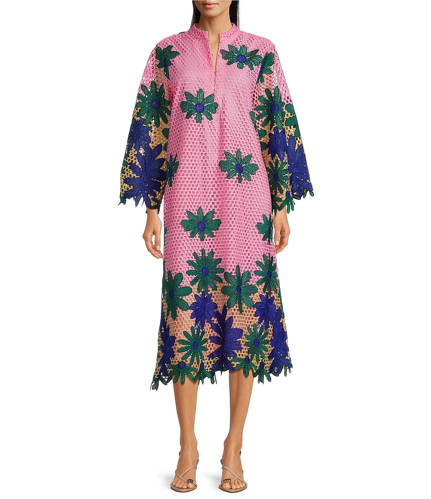 J.Marie Emery Lace High Neck 3/4 Sleeve Scalloped Hem Midi Shift Dress