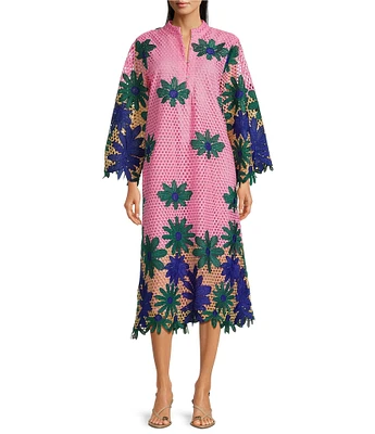 J.Marie Emery Lace High Neck 3/4 Sleeve Scalloped Hem Midi Shift Dress
