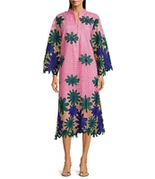 J.Marie Emery Lace High Neck 3/4 Sleeve Scalloped Hem Midi Shift Dress