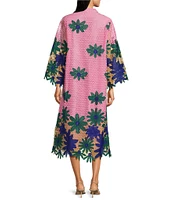 J.Marie Emery Lace High Neck 3/4 Sleeve Scalloped Hem Midi Shift Dress