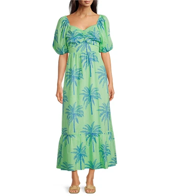 J.Marie Isla Tropical Palm V-Neck Short Puff Sleeve Midi Tiered Dress
