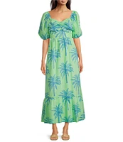 J.Marie Isla Tropical Palm V-Neck Short Puff Sleeve Midi Tiered Dress