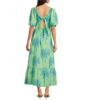 J.Marie Isla Tropical Palm V-Neck Short Puff Sleeve Midi Tiered Dress