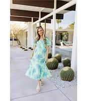 J.Marie Isla Tropical Palm V-Neck Short Puff Sleeve Midi Tiered Dress