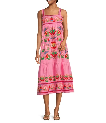 J.Marie Landon Embroidery Square Neck Sleeveless Midi A-Line Dress