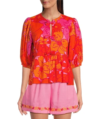 J.Marie Lizzie Round Neck 3/4 Puff Sleeve Tie Front Peplum Top