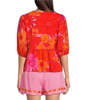 J.Marie Lizzie Round Neck 3/4 Puff Sleeve Tie Front Peplum Top