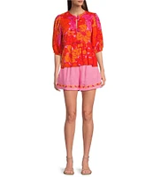J.Marie Lizzie Round Neck 3/4 Puff Sleeve Tie Front Peplum Top