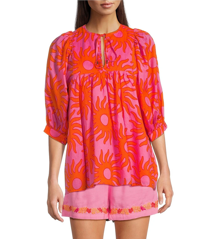 J.Marie Mara V-Neck Puff Sleeve Embroidered Tunic