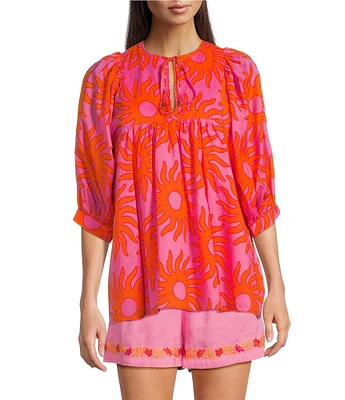 J.Marie Mara V-Neck Puff Sleeve Embroidered Tunic
