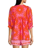 J.Marie Mara V-Neck Puff Sleeve Embroidered Tunic