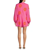 J.Marie Skylar Button Up Long Sleeve Embroidered Pocketed Romper