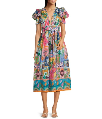 J.Marie Sloane Abstract Print V-Neck Short Sleeve Bow Midi A-Line Dress