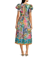 J.Marie Sloane Abstract Print V-Neck Short Sleeve Bow Midi A-Line Dress