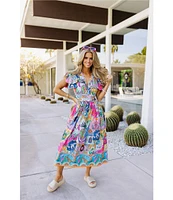 J.Marie Sloane Abstract Print V-Neck Short Sleeve Bow Midi A-Line Dress