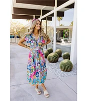 J.Marie Sloane Abstract Print V-Neck Short Sleeve Bow Midi A-Line Dress