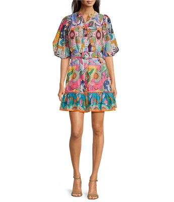 J.Marie Sloane Printed Button Up Puff Sleeve Belted Mini Dress