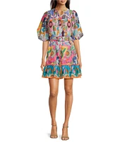 J.Marie Sloane Printed Button Up Puff Sleeve Belted Mini Dress