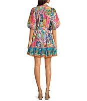 J.Marie Sloane Printed Button Up Puff Sleeve Belted Mini Dress