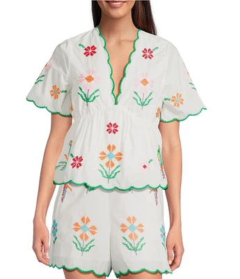 J.Marie Tessie V-Neck Short Sleeve Floral Embroidered Peplum Scalloped Trim Coordinating Top