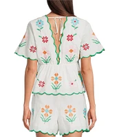 J.Marie Tessie V-Neck Short Sleeve Floral Embroidered Peplum Scalloped Trim Coordinating Top