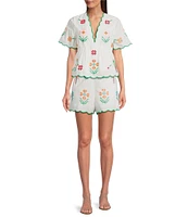 J.Marie Tessie V-Neck Short Sleeve Floral Embroidered Peplum Scalloped Trim Coordinating Top
