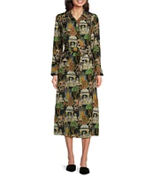 J. Mclaughlin Belle Poly Crepe Palace Pictorial Print Point Collar Long Sleeve Button Front Midi Shirt Dress