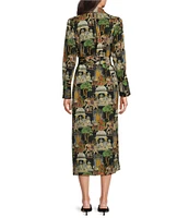 J. Mclaughlin Belle Poly Crepe Palace Pictorial Print Point Collar Long Sleeve Button Front Midi Shirt Dress